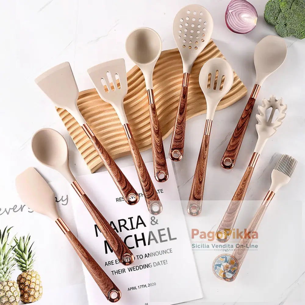 Set di utensili da cucina da 10 pezzi set di utensili da cucina con manico in legno utensili da cucina in silicone