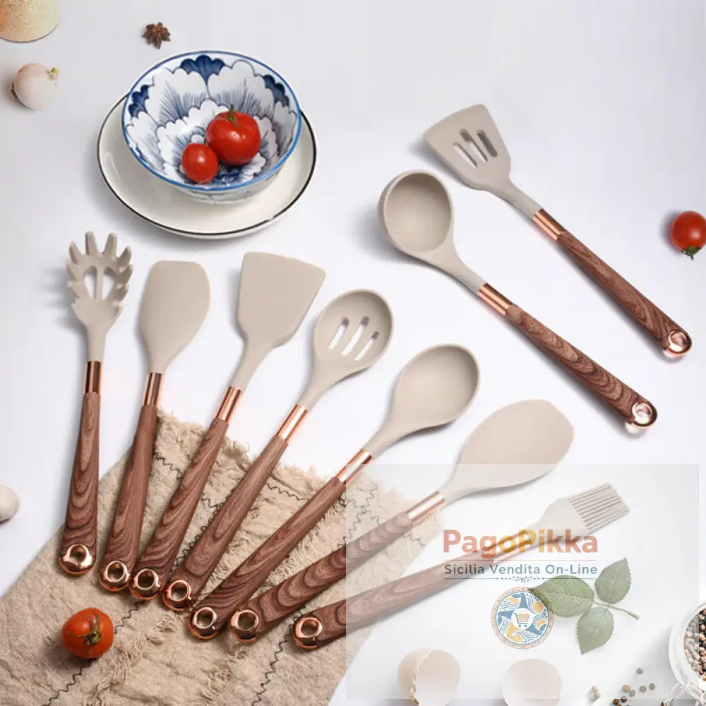 Set di utensili da cucina da 10 pezzi set di utensili da cucina con manico in legno utensili da cucina in silicone