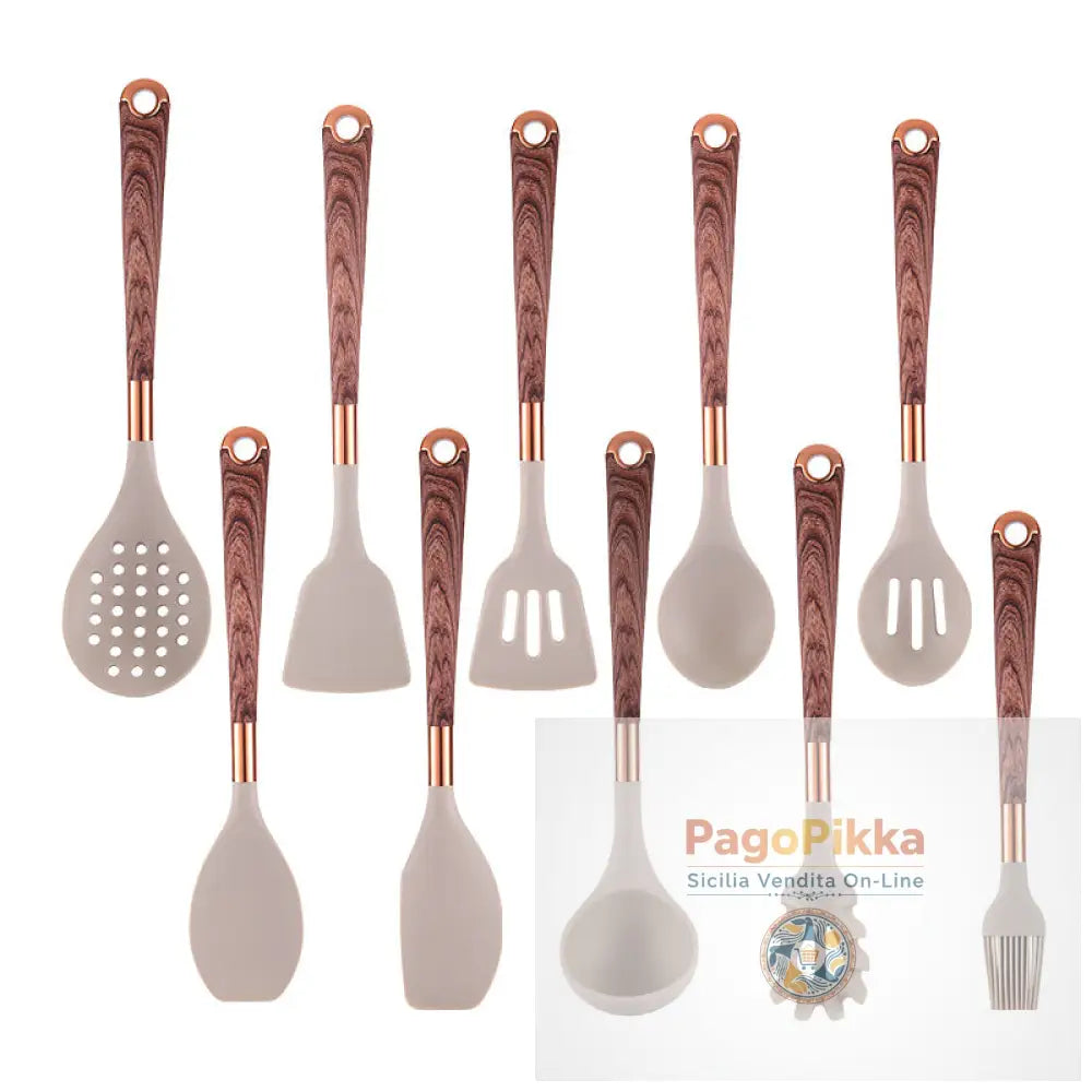 Set di utensili da cucina da 10 pezzi set di utensili da cucina con manico in legno utensili da cucina in silicone