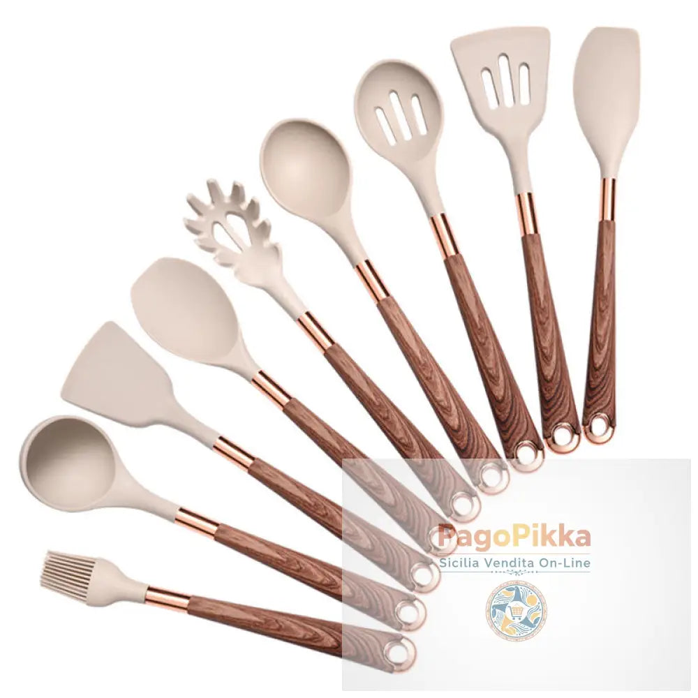 Set di utensili da cucina da 10 pezzi set di utensili da cucina con manico in legno utensili da cucina in silicone