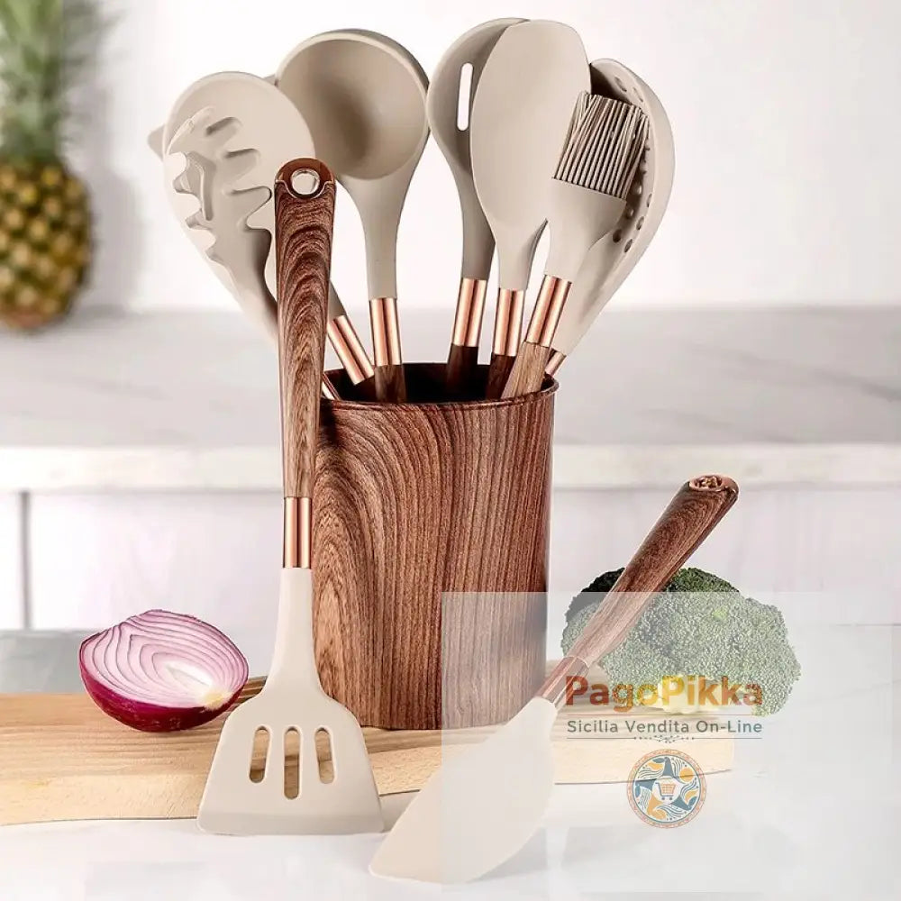 Set di utensili da cucina da 10 pezzi set di utensili da cucina con manico in legno utensili da cucina in silicone
