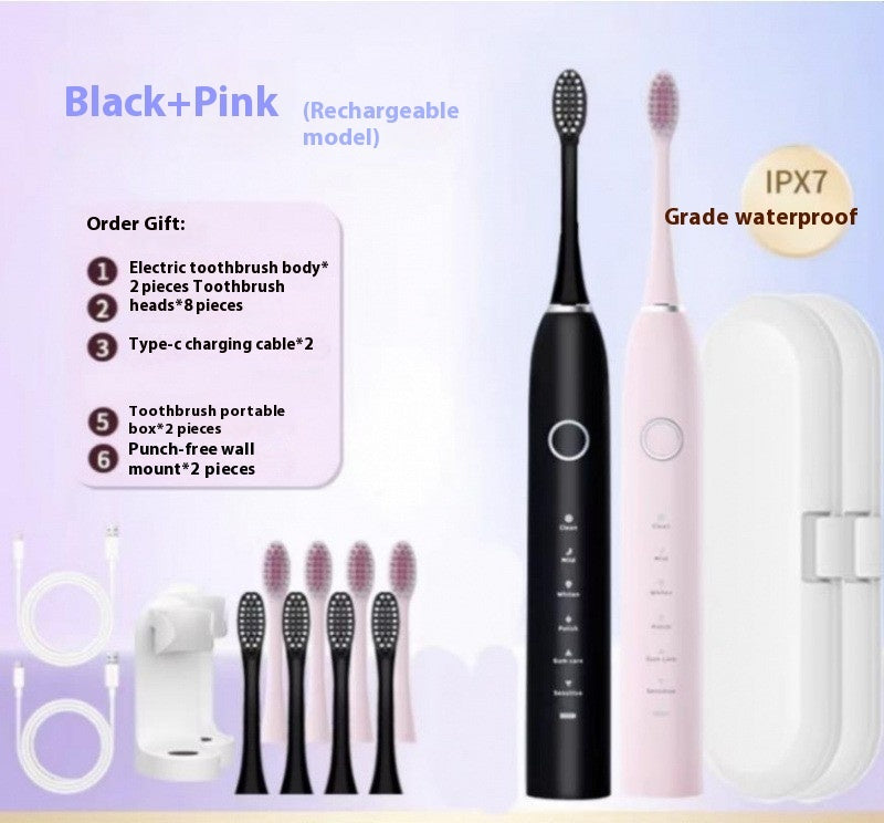 Spazzolino elettrico ricaricabile automatico Electric Toothbrush Rechargeable Automatic - 2 Pack Black Pink A8