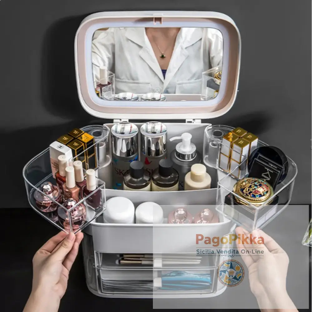 Specchio per trucco a LED con scatola portaoggetti per cosmetici scatola per rossetti specchio da trucco tipo cassetto