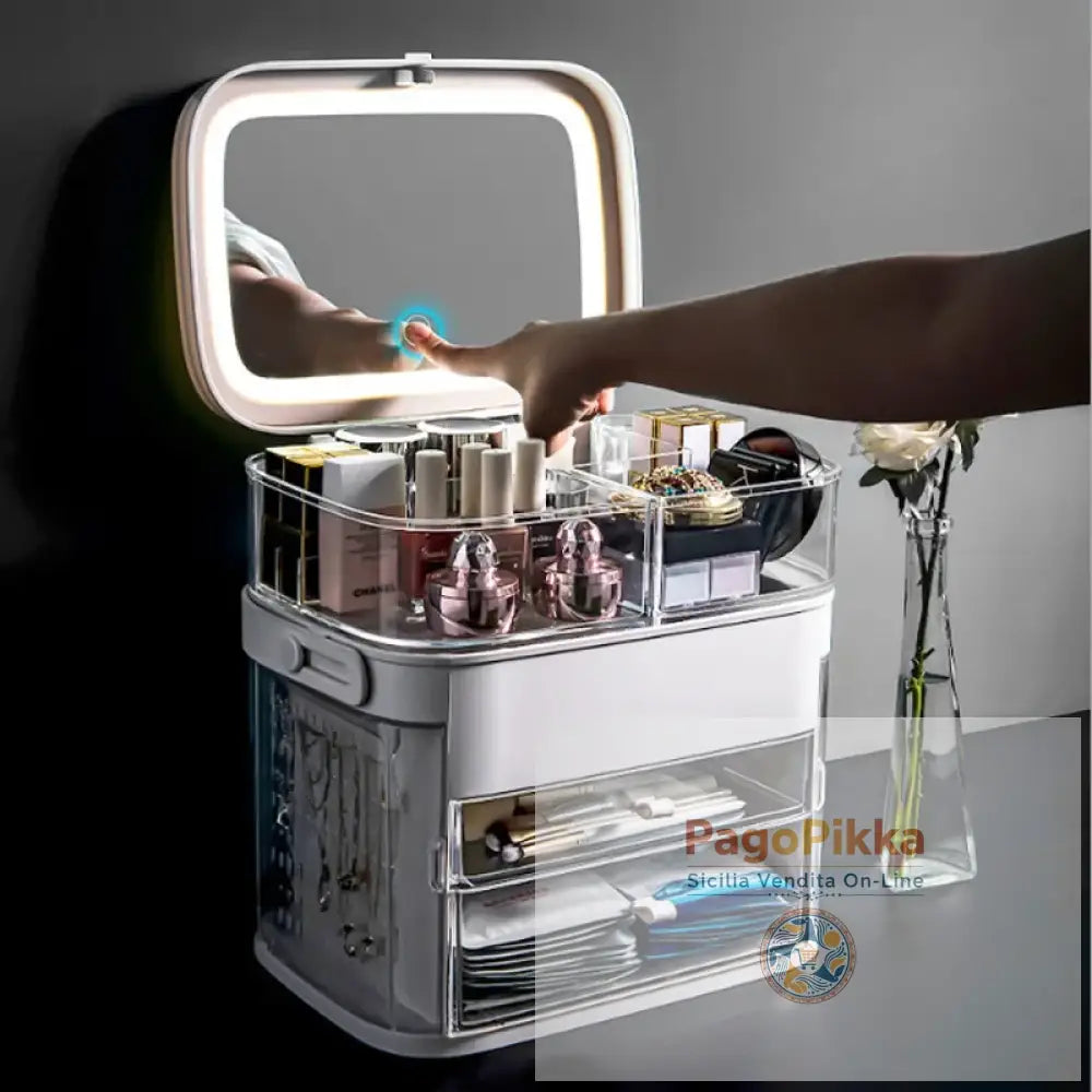 Specchio per trucco a LED con scatola portaoggetti per cosmetici scatola per rossetti specchio da trucco tipo cassetto