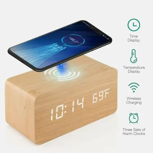 Sveglia digitale in legno con base di ricarica per telefono wireless -- Digital Alarm Clock with Wireless Phone