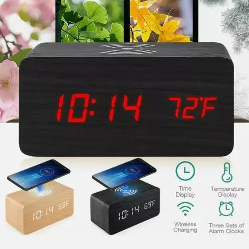 Sveglia digitale in legno con base di ricarica per telefono wireless -- Digital Alarm Clock with Wireless Phone